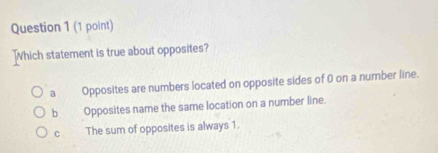 Which statement is true about opposites?
a Opposites are numbers located on opposite sides of 0 on a number line.
b Opposites name the same location on a number line.
C The sum of opposites is always 1.