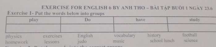 EXERCISE FOR ENGLISH 6 BY ANH THO - BÀI TậP BUÔI 1 NGàY 23.6
Exercise 1- Put the words bel
physics exercises English vocabulary history football
homework lessons judo music school lunch science