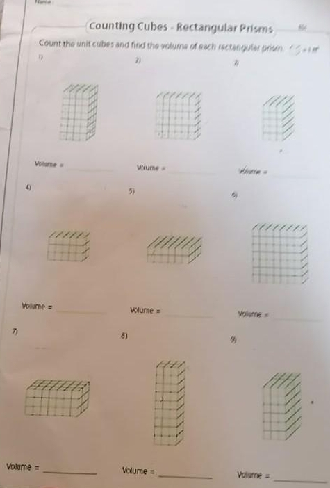 Pare 
Counting Cubes - Rectangular Prisms 
Count the unit cubes and find the volume of each rectenguler prisn. . - i ” 
2

Weiume=
_
Volurne= __ Mverm = 
4) 
5) 
9
Volume=
_
Volume=
_ volume= _ 

8) 

_
Volume = _= olume = _ Volurre=