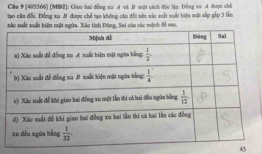 [405566] [MĐ2]: Gieo hai đồng xu A và B một cách độc lập. Đồng xu A được chế
tạo cân đối. Đồng xu B được chế tạo không cân đối nên xác suất xuất hiện mặt sắp gấp 3 lần
xác suất xuất hiện mặt ngừa. Xác tính Đúng, Sai của các mệnh đề sau.
45