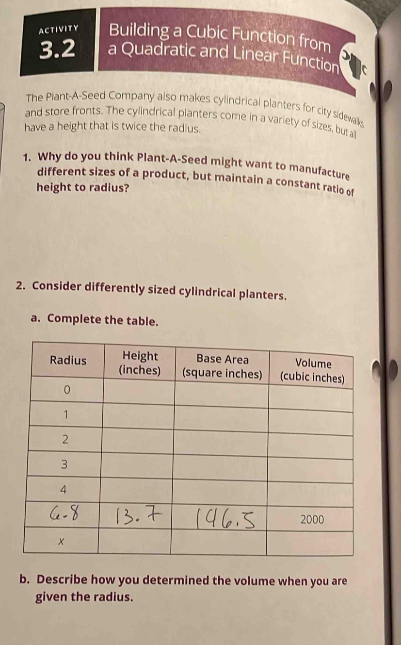 ACTIVITY Building a Cubic Function from 
3.2 a Quadratic and Linear Function 
The Plant-A-Seed Company also makes cylindrical planters for city sidewalks 
and store fronts. The cylindrical planters come in a variety of sizes, but all 
have a height that is twice the radius. 
1. Why do you think Plant-A-Seed might want to manufacture 
different sizes of a product, but maintain a constant ratio of 
height to radius? 
2. Consider differently sized cylindrical planters. 
a. Complete the table. 
b. Describe how you determined the volume when you are 
given the radius.
