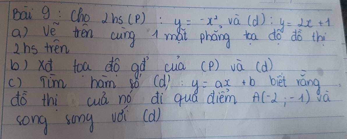 Bai 9: Cho 2hs(p): y=-x^2 và (d) : :y=2x+1
a) ve tren cung 1 mai phāng toa do dò thi 
2hs tren 
b) xd toa do gà cua (P) và (d) 
() Tim ham s8 (d): y=ax+b biet ráng 
dó thi cuá no di quá diem A(-2;-1) và 
song song véi (a)