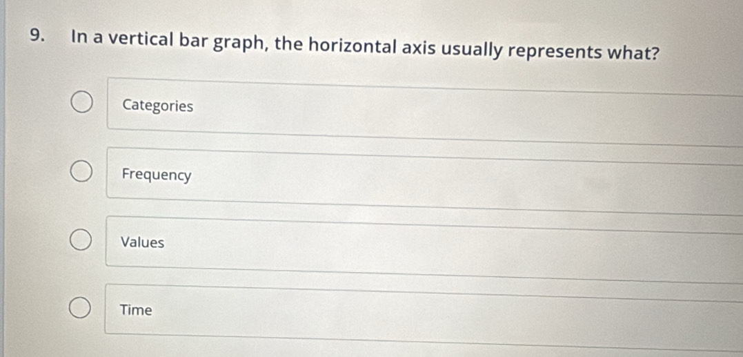 In a vertical bar graph, the horizontal axis usually represents what?
Categories
Frequency
Values
Time