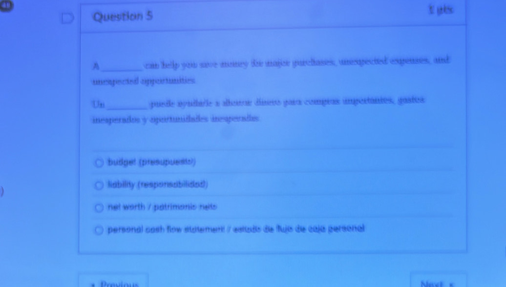 pls
A_ can hellp you save monry for major gurchases, unerpected expenses, and
iepectea opportuities
Uni_ puide ayulbile a albaros díneos gara compros importantos, gaatos
inesperados y oportunidades iresperades
budgel (presupuess)
liability (responsabiided)
nel worth / patrimonic nets
personal cash flow statementt / esttudis de flujo de caja personal