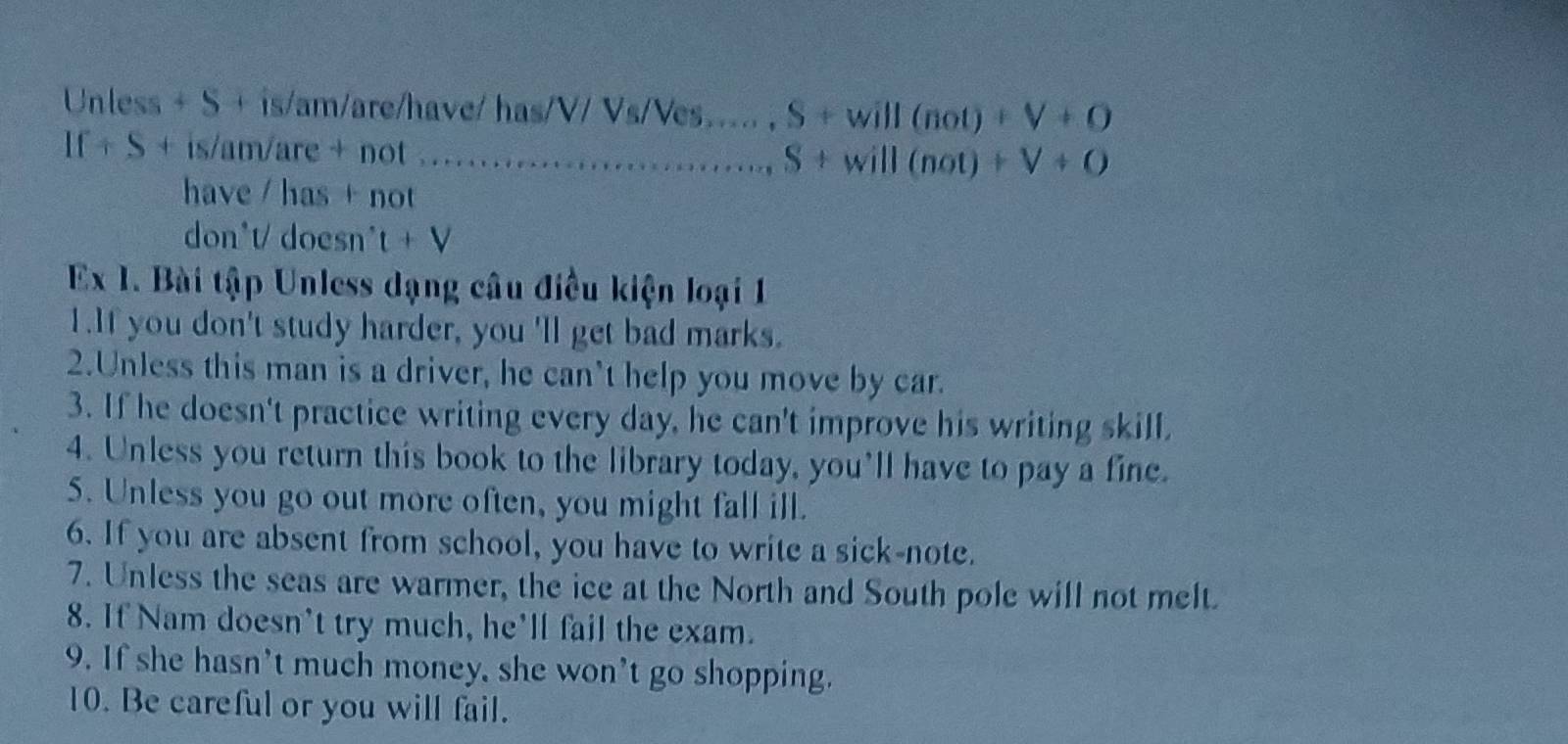 Unless + S + is/am/are/have/ has/V/ Vs/Ves _ S+will(not)+V+O.. 
11 +S+ is/am/are sqrt(1) not _ S+will(not)+V+O
have / has + not 
don*t/ doesn' t+V 
Ex 1. Bài tập Unless dạng câu điều kiện loại 1 
1.If you don't study harder, you 'll get bad marks. 
2.Unless this man is a driver, he can't help you move by car. 
3. If he doesn't practice writing every day, he can't improve his writing skill, 
4. Unless you return this book to the library today, you’ll have to pay a fine. 
5. Unless you go out more often, you might fall ill. 
6. If you are absent from school, you have to write a sick-note. 
7. Unless the seas are warmer, the ice at the North and South pole will not melt. 
8. If Nam doesn't try much, he'll fail the exam. 
9. If she hasn’t much money, she won’t go shopping. 
10. Be careful or you will fail.