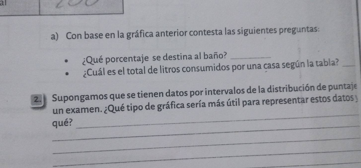 al 
a) Con base en la gráfica anterior contesta las siguientes preguntas: 
¿Qué porcentaje se destina al baño?_ 
¿Cuál es el total de litros consumidos por una casa según la tabla?_ 
2. Supongamos que se tienen datos por intervalos de la distribución de puntaje 
_ 
un examen. ¿Qué tipo de gráfica sería más útil para representar estos datos y 
qué? 
_ 
_ 
_