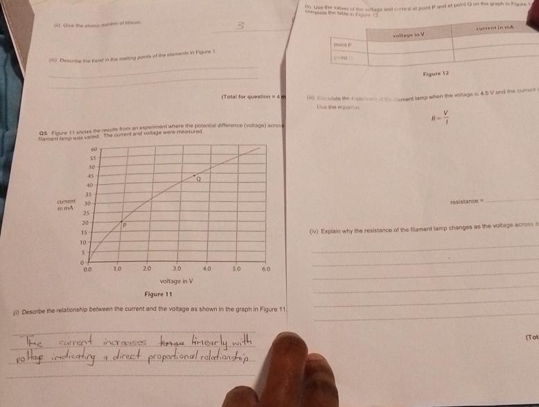 Use the values of the vittage and current at point P and at point Q on the graph in Figure 1 
complete the table in Figu 
_ 
(ii) Give the alesc mumber of lithium 
_ 
(iii) Describe the bread in the metting points of the elements in Figure ?. 
_ 
Figu 
(Total for question = 4 m (ii) Calculate the resisianns of the Nament lamp when the vollage is 4.5 V and the curent 
Uise the eqiation 
filament tamp was varied. The curent and voltage were measured R= V/I 
Q5. Figure 1 1 shows the results from an experiment where the potential difference (voltage) acros
resistance=
_ 
(iv) Explain why the resistance of the filament lamp changes as the voltage across i 
_ 
_ 
_ 
_ 
_ 
Figure 11 
(i) Describe the relationship between the current and the voltage as shown in the graph in Figure 11._ 
_ 
_ 
(Tot 
_ 
_