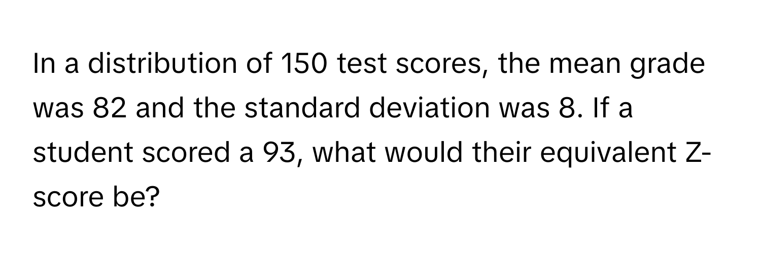 In a distribution of 150 test scores, the mean grade was 82 and the standard deviation was 8. If a student scored a 93, what would their equivalent Z-score be?