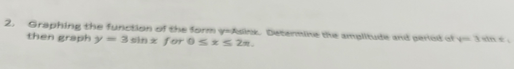 Graphing the function of the form y= Asink. Determine the amplitude and peried of v=3sin x_1
then graph y=3sin x for 0≤ x≤ 2π.