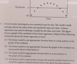 Residuals ()
-20
Time
11. A food vendor developed a new sandwich type for sale. The vendor made
estimates about the sales of the new sandwich type over time. A linear
regression was used to develop a model for the sales over time. The figure
shows a graph of the residuals of the linear regression. Which of the following
statements about the linear regression is true?
(A) The linear model is not appropriate, because there is a clear pattern in the
graph of the residuals.
(B) The linear model is not appropriate, because the graph of the residuals has
more points above 0 than below 0.
(C) The linear model is appropriate, because there is a clear pattern in
the graph of the residuals.
(D) The linear model is appropriate, because the positive residual farthest from
0 and the negative residual farthest from 0 are about the same distance.