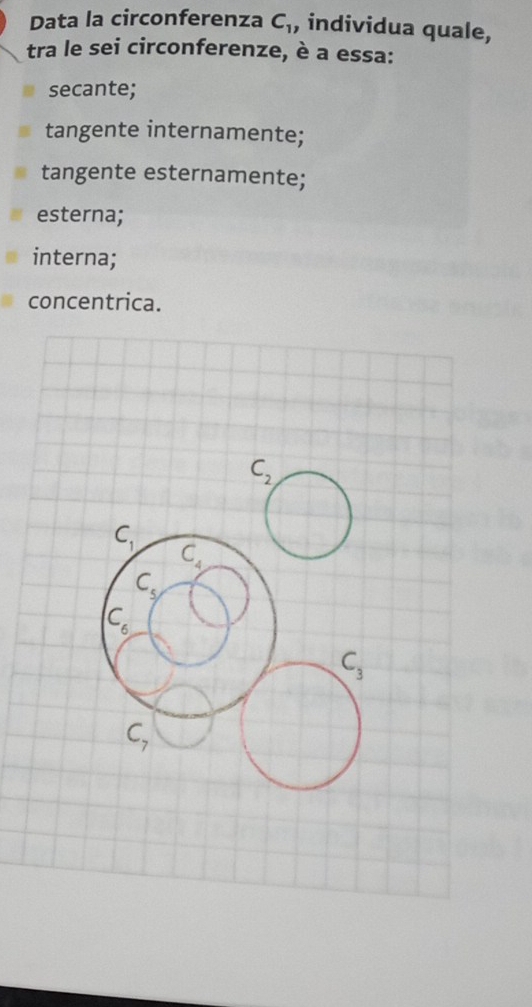 Data la circonferenza C_1 , individua quale,
tra le sei circonferenze, è a essa:
secante;
tangente internamente;
tangente esternamente;
esterna;
interna;
concentrica.
C_2,
C_1,
C_4
C_5,
C_6
C_3
C_7