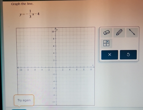 Graph the line.
y=- 1/3 x-4
×