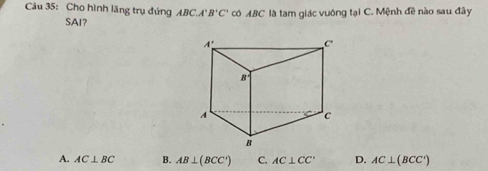 Cho hình lăng trụ đứng ABC.A' B'C' có ABC là tam giác vuông tại C. Mệnh đề nào sau đây
SAI?
A. AC⊥ BC B. AB⊥ (BCC') C. AC⊥ CC' D. AC⊥ (BCC')