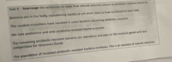 Task B - Rearrange the sentences to show how natural selection occurs in anobiotic-resistant bacteria. 
Bacteria are in the body, reproduting rapidly so are more Vikely to have mutations in their DNA. 
The random mutations have resulted in some bacteria becoming antibiotic-resistant. 
We take antibiotics and only antibiotic-resistant bacteria survive. 
The remaining antibiotic-resistant bacteria can reproduce and pass on the resistant genes with less 
competition for resources (food). 
The population of mutated antibiotic-resistant bacteria increases. This is an example of natural selection,