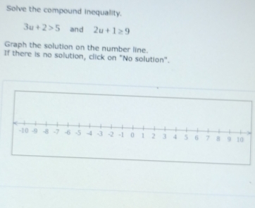 Solve the compound inequality.
3u+2>5 and 2u+1≥ 9
Graph the solution on the number line. 
If there is no solution, click on "No solution".