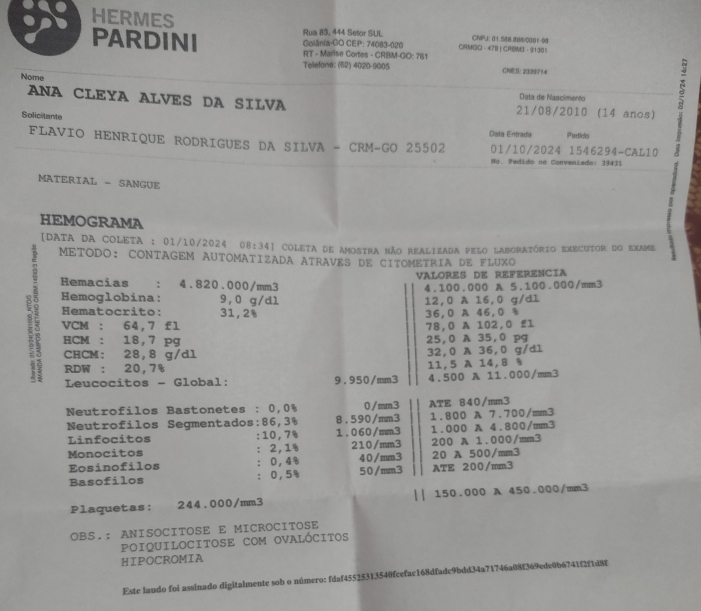 HERMES
Rua 83, 444 Setor SUL CNPJ: 01.588.888/0001-98
PARDINI RT - Marise Cortes - CRBM-GO: 761 CRMGO- 47B！CRM3 - 91305
Golânia-GO CEP: 74083-020
Telefone: (62) 4020-9005 CNES: 2399714
Nome
ANA CLEYA ALVES DA SILVA 21/08/2010 (14 anos) B
Dsta de Nascimento
Solicitante
Data Entrada Pedida
FLAVIO HENRIQUE RODRIGUES DA SILVA - CRM-GO 25502 01/10/2024 1546294-CAL10
Mo. Pedido no Conveniado: 39431
MATERIAL - SANGUE
HEMOGRAMA
[data da coleta : 01/10/2024 08:34] coleta de amostra não realizada pelo laboratório executor do exame
METODO: CONTAGEM AUTOMATIZADA ATRAVES DE CITOMETRIA DE FLUXO
VaLores dE REFERencia
Hemacias ： 4.820.000/mm3
4.100.000 A 5.100.000/mm3
Hemoglobina: 9,0 g/d1 12,0 A 16,0 g/dl
$ Hematocrito: 31,2% 36,0 A 46,0 %
VCM : 64,7 £1 78,0 A 102,0 £l
HCM : 18,7 pg 25,0 A 35,0 pg
CHCM: 28,8 g/dl 32,0 A 36,0 g/dl
RDW : 20,7% 11,5 A 14,8 %
Leucocitos - Global: 9.950/mm3 4.500 A 11.000/mm3
Neutrofilos Bastonetes : 0,0% 0/mm3 ATE 840/mm3
Neutrofilos Segmentados:86,3% 8.590/mm3 1.800 A 7.700/mm3
Linfocitos :10,7% 1.060/mm3 1.000 A 4.800/mm3
Monocitos : 2,1% 210/mm3 200 A 1.000/mm3
Eosinofilos : 0,4% 40/mm3 20 A 500/mm3
Basofilos : 0,5% 50/mm3 ATE 200/mm3
1 1
Plaquetas: 244.000/mm3 150.000 A 450.000/mm3
OBS.: ANISOCITOSE E MICROCITOSE
POIQUILOCITOSE COM OVALÓCITOS
HIPOCROMIA
Este laudo foi assinado digitalmente sob o número: fdaf45525313540fcefac168dfade9bdd34a71746a08f369ede0b6741f2f1d8f