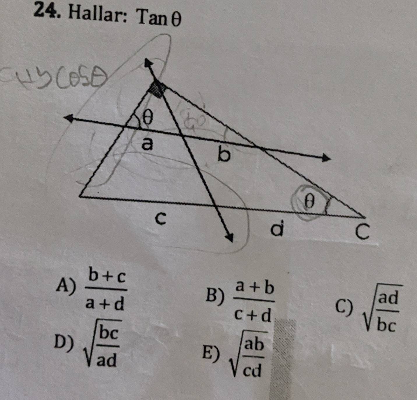 Hallar: T 'n nθ
A)  (b+c)/a+d 
B)  (a+b)/c+d 
C) sqrt(frac ad)bc
D) sqrt(frac bc)ad
E) sqrt(frac ab)cd