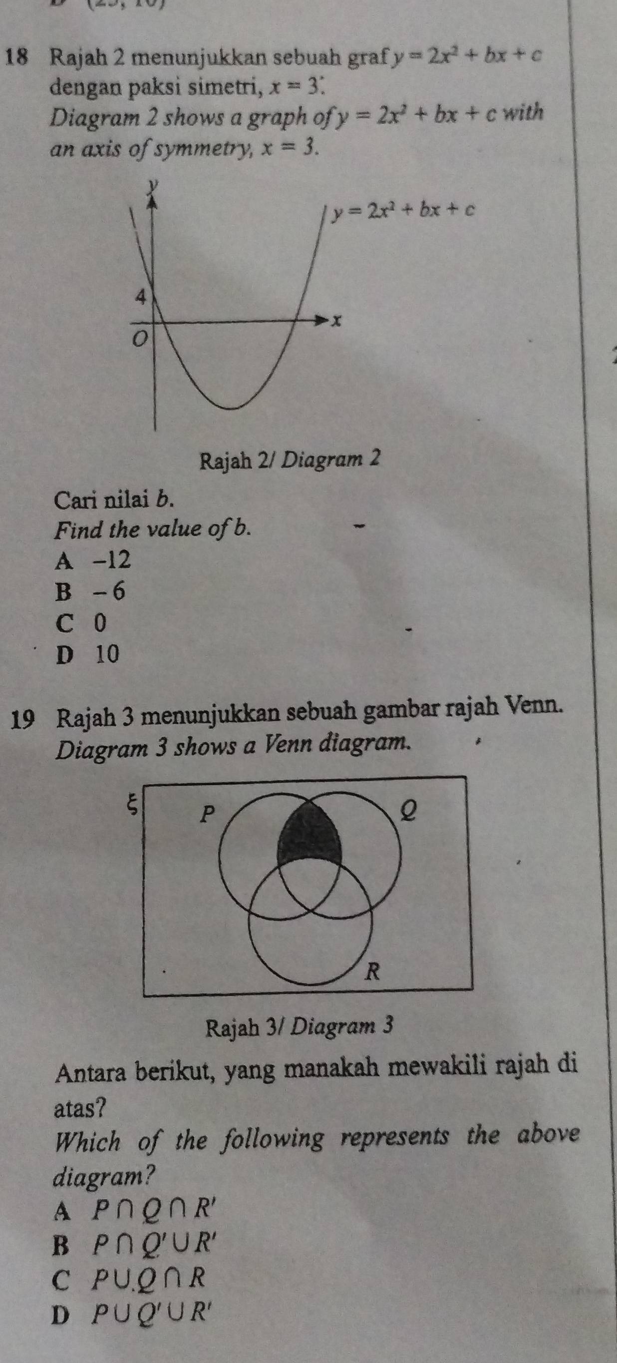 Rajah 2 menunjukkan sebuah graf y=2x^2+bx+c
dengan paksi simetri, x=3
Diagram 2 shows a graph of y=2x^2+bx+c with
an axis of symmetry, x=3.
y=2x^2+bx+c
Rajah 2/ Diagram 2
Cari nilai b.
Find the value of b.
A -12
B - 6
C 0
D 10
19 Rajah 3 menunjukkan sebuah gambar rajah Venn.
Diagram 3 shows a Venn diagram.
ξ P
R
Rajah 3/ Diagram 3
Antara berikut, yang manakah mewakili rajah di
atas?
Which of the following represents the above
diagram?
A P∩ Q∩ R'
B P∩ Q'∪ R'
C PU.Q∩ R
D P∪ Q'∪ R'