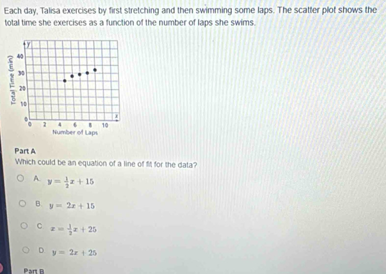 Each day, Talisa exercises by first stretching and then swimming some laps. The scatter plot shows the
total time she exercises as a function of the number of laps she swims.
Part A
Which could be an equation of a line of fit for the data?
A. y= 1/2 x+15
B. y=2x+15
C x= 1/2 x+25
D. y=2x+25
Part B