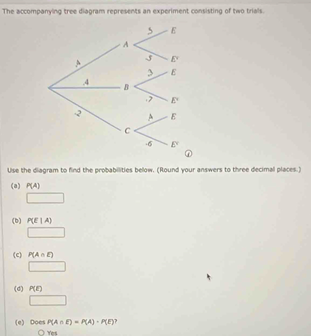 The accompanying tree diagram represents an experiment consisting of two trials.
Use the diagram to find the probabilities below. (Round your answers to three decimal places.)
(a) P(A)
□
(b) P(E|A)
□
(c) P(A∩ E)
□
(d) P(E)
□
(e) DoesP(A∩ E)=P(A)· P(E) ?
OYe