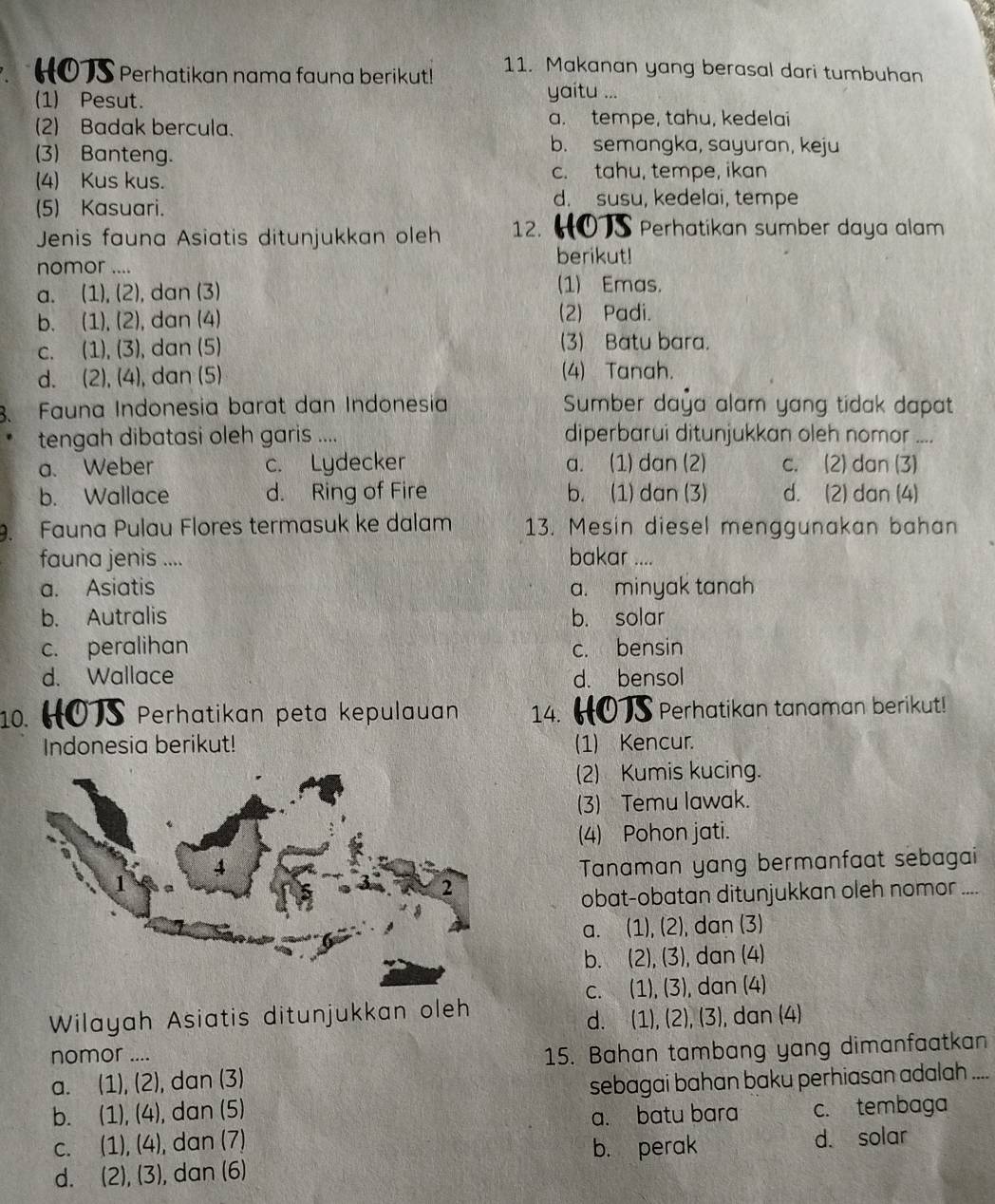 HOTS Perhatikan nama fauna berikut! 11. Makanan yang berasal dari tumbuhan
(1) Pesut.
yaitu ...
(2) Badak bercula. a. tempe, tahu, kedelai
(3) Banteng.
b. semangka, sayuran, keju
(4) Kus kus. c. tahu, tempe, ikan
(5) Kasuari.
d. susu, kedelai, tempe
Jenis fauna Asiatis ditunjukkan oleh 12. HOTS Perhatikan sumber daya alam
berikut!
nomor ....
a. (1), (2), dan (3) (1) Emas.
b. (1), (2), dan (4)
(2) Padi.
c. (1), (3), dan (5) (3) Batu bara.
d. (2), (4), dan (5)
(4) Tanah.
3、 Fauna Indonesia barat dan Indonesia Sumber daya alam yang tidak dapat
tengah dibatasi oleh garis .... diperbarui ditunjukkan oleh nomor ....
a. Weber c. Lydecker a. (1) dan (2) c. (2) dan (3)
b. Wallace d. Ring of Fire b. (1) dan (3) d. (2) dan (4)
9. Fauna Pulau Flores termasuk ke dalam 13. Mesin diesel menggunakan bahan
fauna jenis .... bakar ....
a. Asiatis a. minyak tanah
b. Autralis b. solar
c. peralihan c. bensin
d. Wallace d. bensol
10. HOS Perhatikan peta kepulauan 14. HOTS Perhatikan tanaman berikut!
Indonesia berikut! (1) Kencur.
(2) Kumis kucing.
(3) Temu lawak.
(4) Pohon jati.
Tanaman yang bermanfaat sebagai
obat-obatan ditunjukkan oleh nomor ....
a.  2 (1),(2) , dan (3)
b. a (2),(3) , dan (4)
C. 、 (1),(3) , dan (4)
Wilayah Asiatis ditunjukkan oleh
d. (1),(2),(3) , dan (4)
nomor ....
15. Bahan tambang yang dimanfaatkan
a. (1),(2) , dan (3)
b. (1),(4) , dan (5) sebagai bahan baku perhiasan adalah ....
a. batu bara c. tembaga
C. (1),(4) , dan (7) d. solar
b. perak
d. (2),(3) , dan (6)