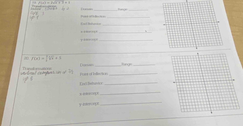 f(x)=2sqrt(x+3)+1
Transformations 
to Domain _Range_ 
Point of Inflection_ 
End Behavior_ 
x-intercept_ 
y-intercept_ 
20. f(x)= 3/2 sqrt[3](x)+5
Domain:_ Range:_ 
Transformations: 
Point of Inflection:_ 
End Behavior: 
_
x -infercept: 
_ 
y-intercept: 
_