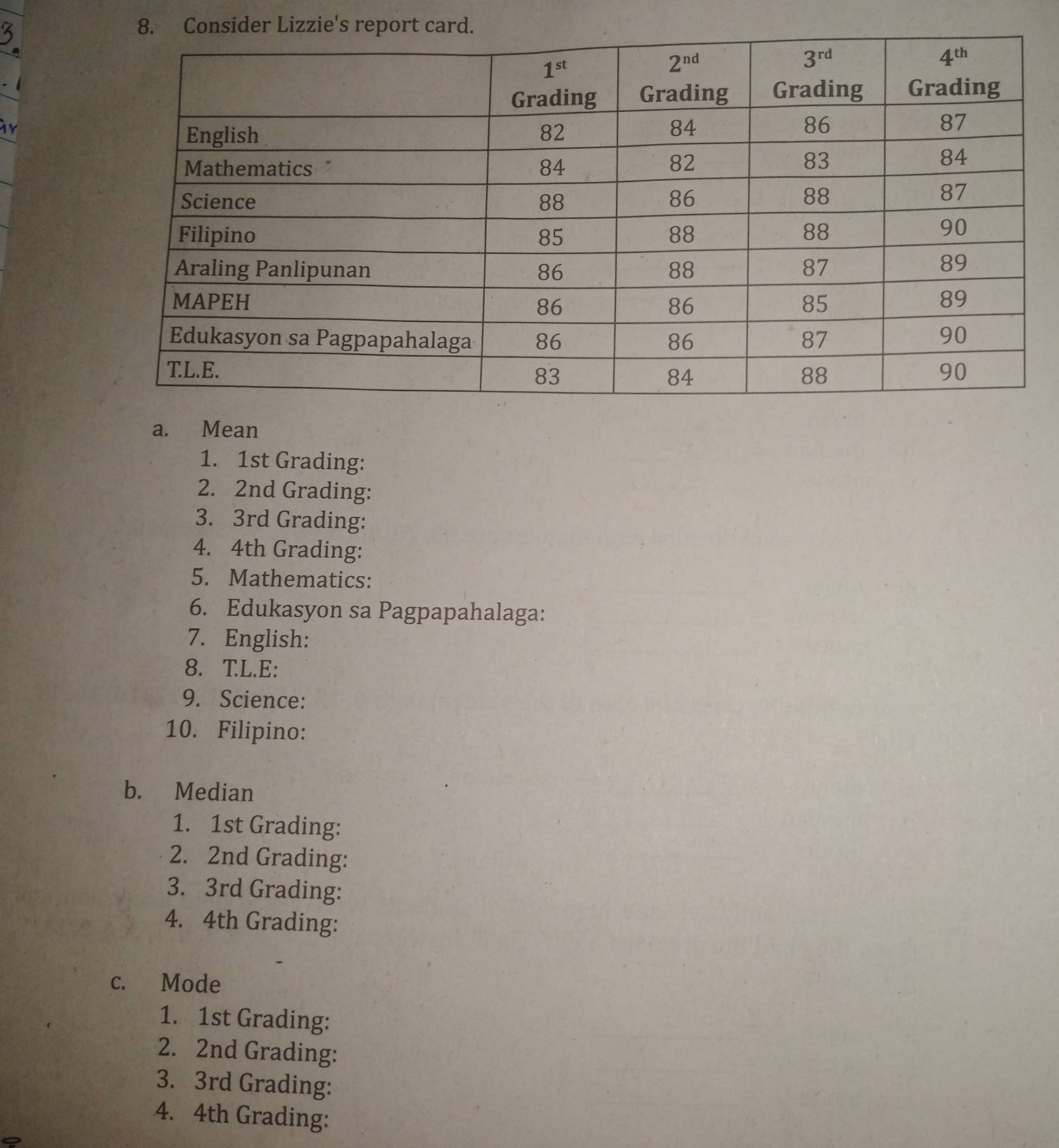 Mean
1. 1st Grading:
2. 2nd Grading:
3. 3rd Grading:
4. 4th Grading:
5. Mathematics:
6. Edukasyon sa Pagpapahalaga:
7. English:
8. T.L.E:
9. Science:
10. Filipino:
b. Median
1. 1st Grading:
2. 2nd Grading:
3. 3rd Grading:
4. 4th Grading:
c. Mode
1. 1st Grading:
2. 2nd Grading:
3. 3rd Grading:
4. 4th Grading: