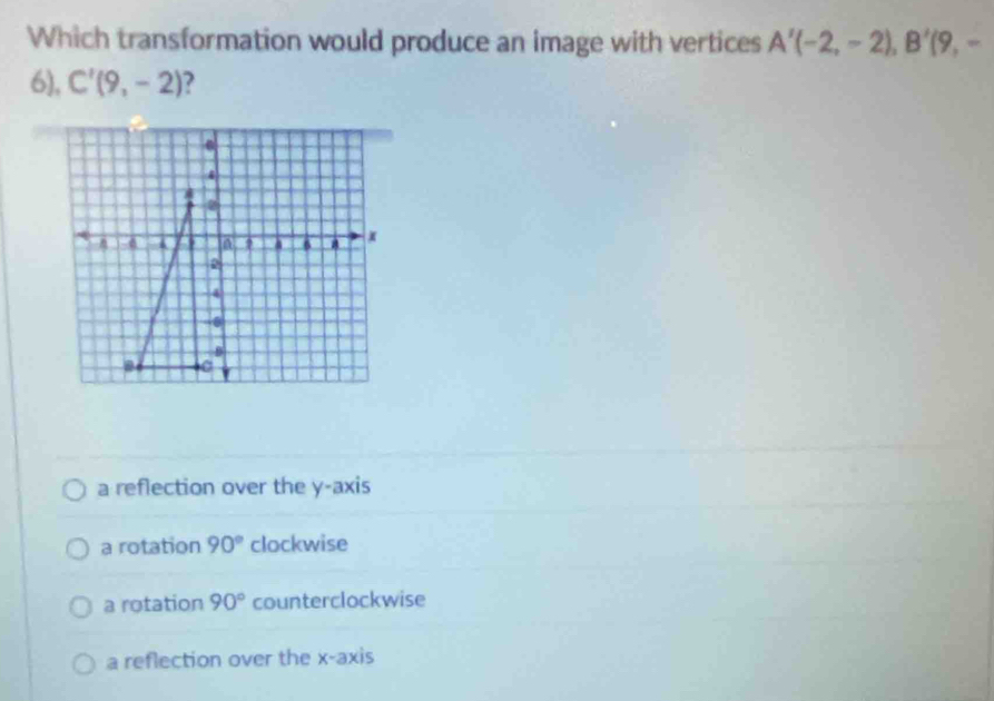 Which transformation would produce an image with vertices A'(-2,-2), B'(9,-
6), C'(9,-2) ?
a reflection over the y-axis
a rotation 90° clockwise
a rotation 90° counterclockwise
a reflection over the x-axis