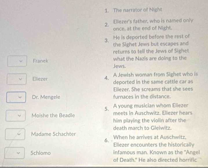 The narrator of Night 
2. Eliezer's father, who is named only 
once, at the end of Night. 
3. He is deported before the rest of 
the Sighet Jews but escapes and 
returns to tell the Jews of Sighet 
Franek what the Nazis are doing to the 
Jews. 
Eliezer 4. A Jewish woman from Sighet who is 
deported in the same cattle car as 
Eliezer. She screams that she sees 
Dr. Mengele furnaces in the distance. 
5. A young musician whom Eliezer 
Moishe the Beadle meets in Auschwitz. Eliezer hears 
him playing the violin after the 
death march to Gleiwitz. 
Madame Schachter 
6. When he arrives at Auschwitz, 
Eliezer encounters the historically 
Schlomo infamous man. Known as the "Angel 
of Death." He also directed horrific