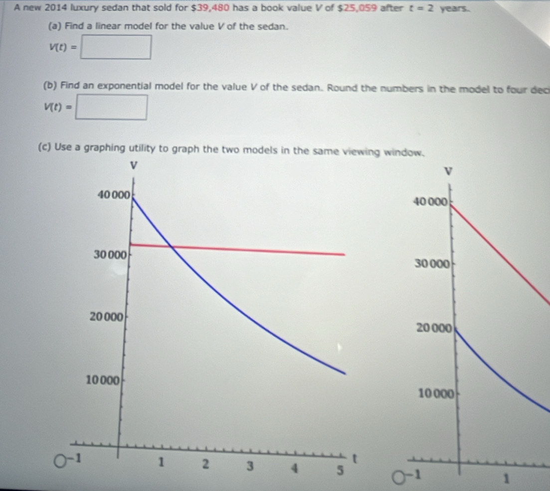 A new 2014 luxury sedan that sold for $39,480 has a book value V of $25,059 after t=2 years. 
(a) Find a linear model for the value V of the sedan.
V(t)=□
(b) Find an exponential model for the value V of the sedan. Round the numbers in the model to four dec
V(t)=□
(c) Use a graphing utility to graph the twog window.
-1 1