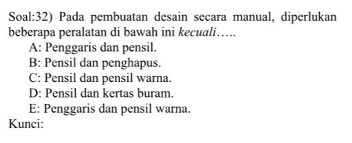 Soal:32) Pada pembuatan desain secara manual, diperlukan
beberapa peralatan di bawah ini kecuali….
A: Penggaris dan pensil.
B: Pensil dan penghapus.
C: Pensil dan pensil warna.
D: Pensil dan kertas buram.
E: Penggaris dan pensil warna.
Kunci: