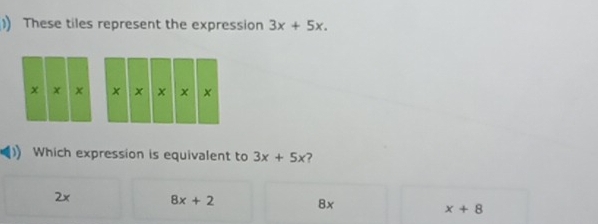 ) These tiles represent the expression 3x+5x. 
Which expression is equivalent to 3x+5x
2x 8x+2 8x x+8