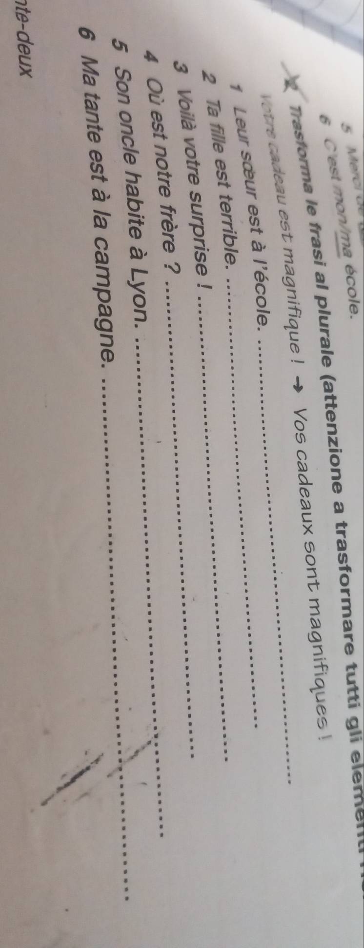 Mercí de 
6 C'est mon/ma école. 
Trasforma le frasi al plurale (attenzione a trasformare tutti gli elemen 
Votre cadeau est magnifique ! → Vos cadeaux sont magnifiques ! 
1 Leur sœur est à l'école. 
2 Ta fille est terrible._ 
3 Voilà votre surprise !_ 
4 Où est notre frère ?_ 
5 Son oncle habite à Lyon._ 
6 Ma tante est à la campagne. 
te- deux