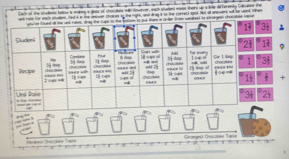 Each of the students below is making a glass of chocolate mik! However, each student mixes theirs up a litle differently. Calculate the
each student, find it in the answer choices to the right, and drag it to the correct spot. Not all answers will be used. When
t to strongest chocolate tastel
3 1/2 ;
1(_9)^3
3 2/3 
_5^(2 +
2frac 1)2
drag lne
cups here B pué Phom e
Wiedkesi Chocoale Tasle Sirongesi Chocolale Tasie