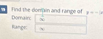 Find the domain and range of y=-|x
Domain: χ
Range: χ