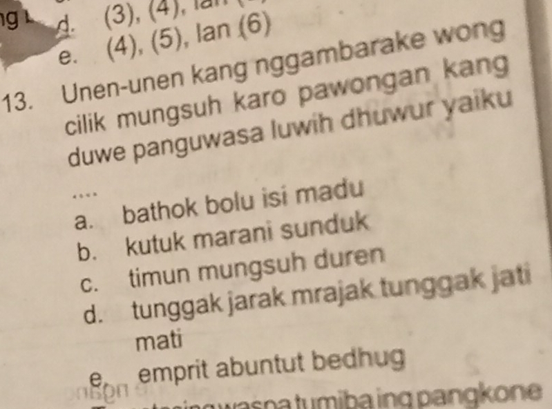 d. (3), (4),
e. (4), (5), lan (6)
13. Unen-unen kang nggambarake wong
cilik mungsuh karo pawongan kang
duwe panguwasa luwih dhuwur yaiku
.
a. bathok bolu isi madu
b. kutuk marani sunduk
c. timun mungsuh duren
d. tunggak jarak mrajak tunggak jati
mati
e emprit abuntut bedhug 
w s n a tumiba ing pang kon e