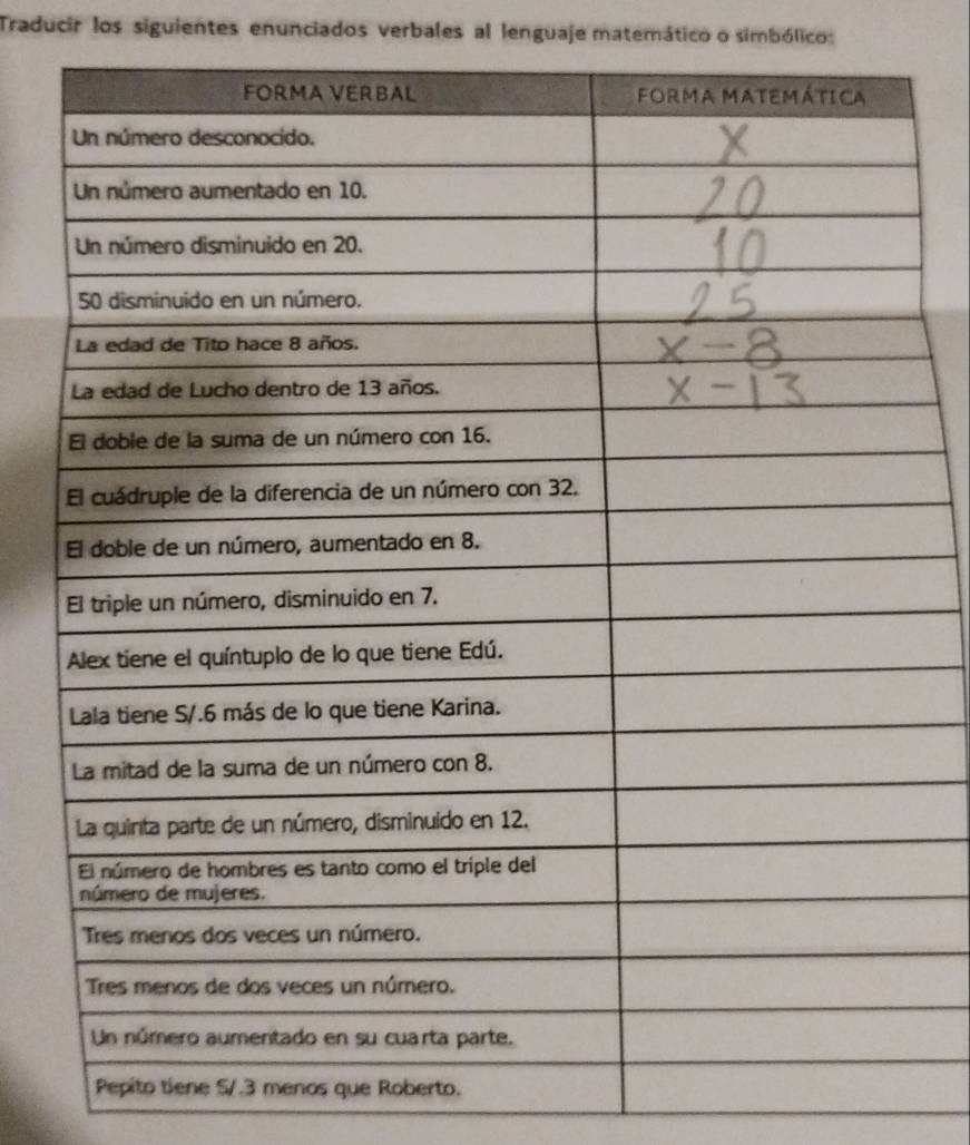 Traducir los siguientes enunciados verbales al lenguaje matemático o simbólico: 
e Roberto.