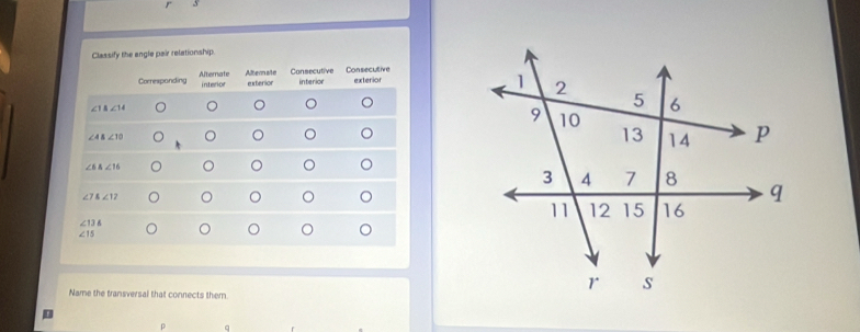 Classify the angle pair relationship.
Name the transversal that connects them.
ρ q