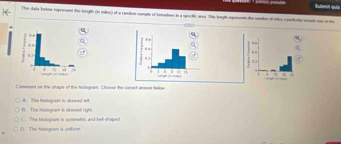 hs question: 1 point(s) possible Submit quiz
The data below represent the length (in miles) of a random sample of tomadoes in a specific area. This length represents the number of miles a particular tomado was on the


Comment on the shape of the histogram. Choose the correct answer below.
A. The histogram is skewed left
B. The histogram is skewed right.
C. The histogram is symmetric and bell-shaped.
D. The histogram is uniform.