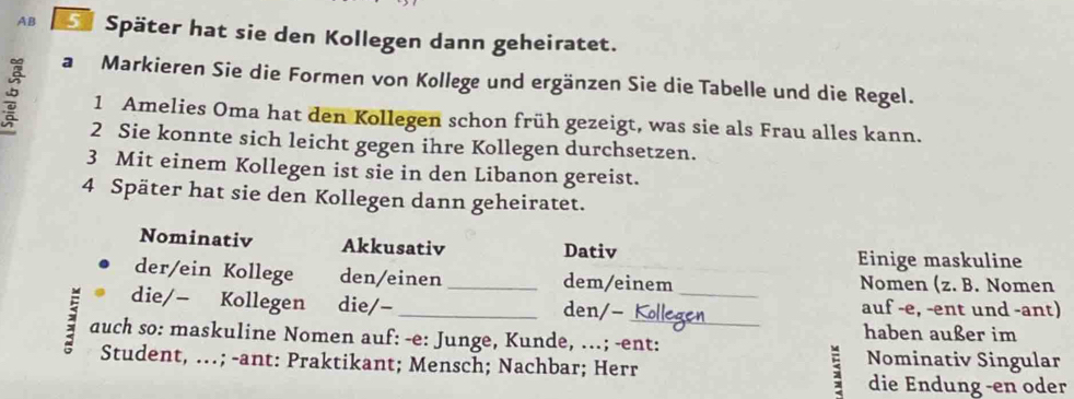 AB 5 Später hat sie den Kollegen dann geheiratet. 
a Markieren Sie die Formen von Kollege und ergänzen Sie die Tabelle und die Regel. 
1 Amelies Oma hat den Kollegen schon früh gezeigt, was sie als Frau alles kann. 
2 Sie konnte sich leicht gegen ihre Kollegen durchsetzen. 
3 Mit einem Kollegen ist sie in den Libanon gereist. 
4 Später hat sie den Kollegen dann geheiratet. 
Nominativ Akkusativ Dativ 
Einige maskuline 
der/ein Kollege den/einen _dem/einem Nomen (z. B. Nomen 
_ 
die/- Kollegen die/-_ den/- _auf -e, -ent und -ant) 
haben außer im 
auch so: maskuline Nomen auf: -e: Junge, Kunde, ...; -ent: 
Student, …; -ant: Praktikant; Mensch; Nachbar; Herr Nominativ Singular 
; die Endung -en oder