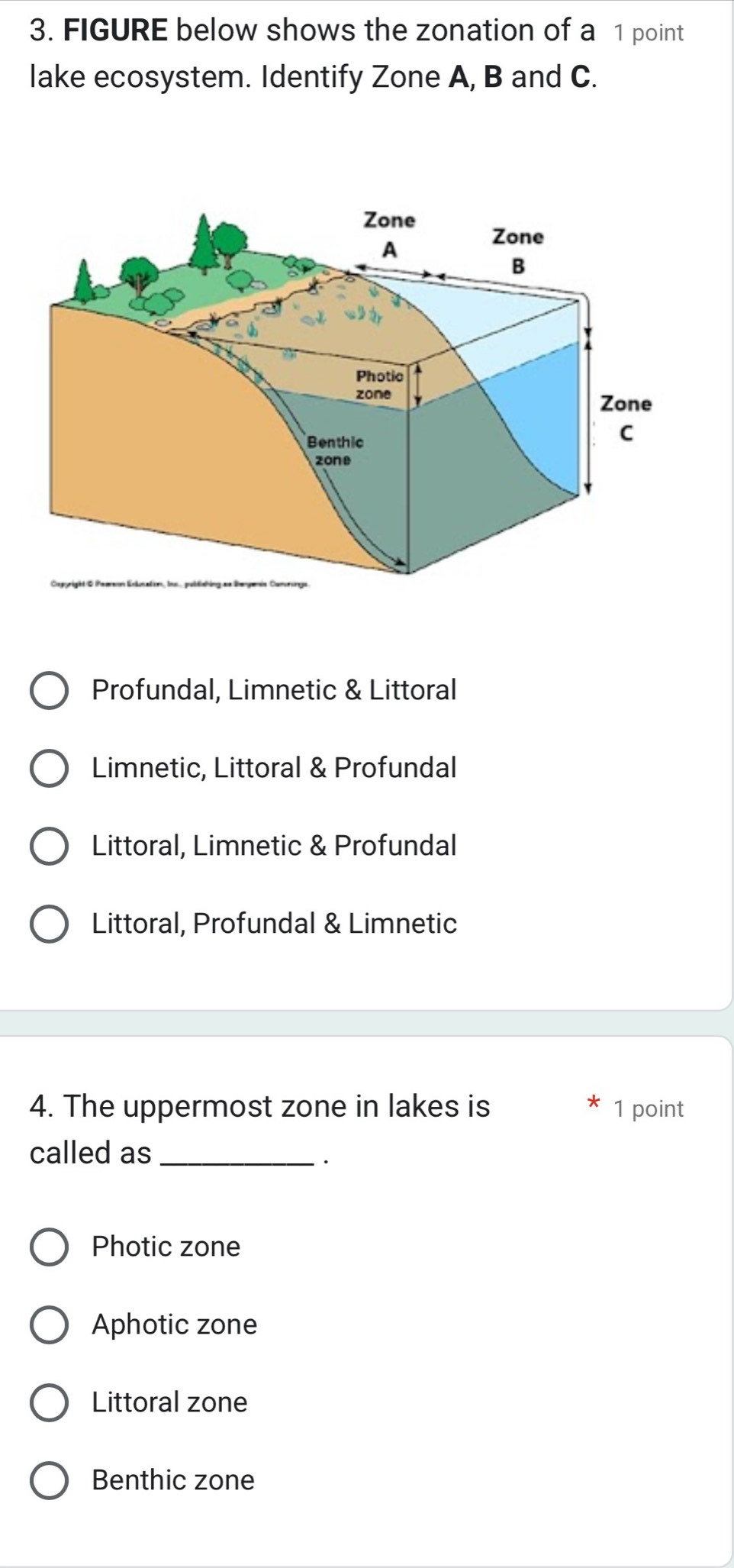 FIGURE below shows the zonation of a 1 point
lake ecosystem. Identify Zone A, B and C.
Profundal, Limnetic & Littoral
Limnetic, Littoral & Profundal
Littoral, Limnetic & Profundal
Littoral, Profundal & Limnetic
4. The uppermost zone in lakes is 1 point
called as_
.
Photic zone
Aphotic zone
Littoral zone
Benthic zone