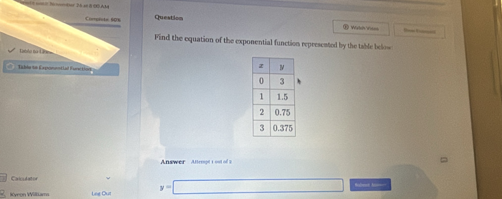 ent?: Novenber 26 at à 00 AM 
Complete: 50% Question 
® Watch Vides Shem Euera 
Find the equation of the exponential function represented by the table below: 
Table to Line 
Table to Exponential Function 
Answer Attempt 1 out of 2 
Calculator 
Kyron Williams Log Out y=□ Sabent Ans===