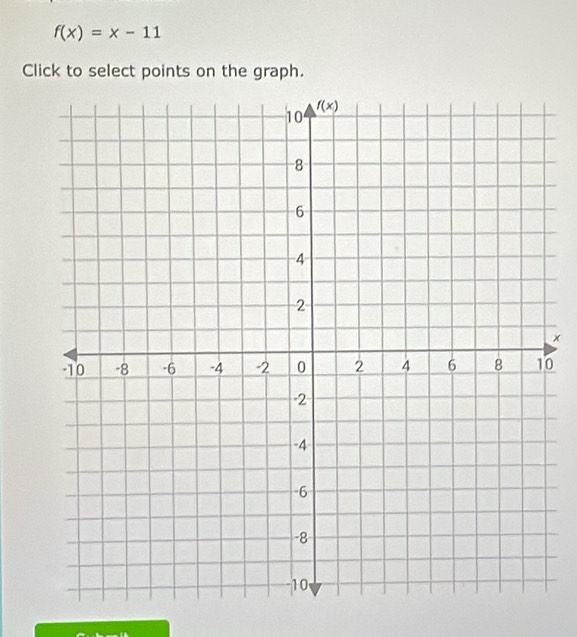 f(x)=x-11
Click to select points on the graph.
×
0