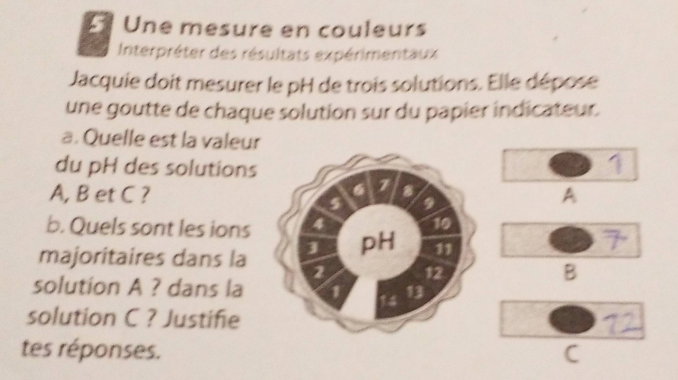 Une mesure en couleurs 
Interpréter des résultats expérimentaux 
Jacquie doit mesurer le pH de trois solutions. Elle dépose 
une goutte de chaque solution sur du papier indicateur. 
a. Quelle est la valeur 
du pH des solutions
A, B et C ?A 
b. Quels sont les ions 
majoritaires dans la 
B 
solution A ? dans la 
solution C ? Justife 
tes réponses. 
C