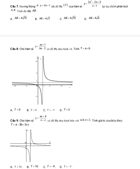 Đường thắng d :y=3x+1 cất đồ thị (C) của hàm số y= (2x^2-2x+3)/x-1  tại hai điểm phân biệt
A B Tính độ dài AB ,
A. AB=4sqrt(15) B. AB=4sqrt(2) C. AB=4sqrt(10) D. AB=4sqrt(6)
Câu 8: Cho hàm số y= (ax+1)/bx-2  có đồ thị như hình vẽ, Tính T=a+b.
A. T=0 B. T=2 C. T=-1 D. T=3
Câu 9: Cho hàm số y= (ax+b)/x+c  có đồ thị như hình bên với a, b, c∈ Z Tính giá trị của biểu thức
T=a-3b+2c 7
A. T=12 B. T=10 C. T=-9 D. T=-7.