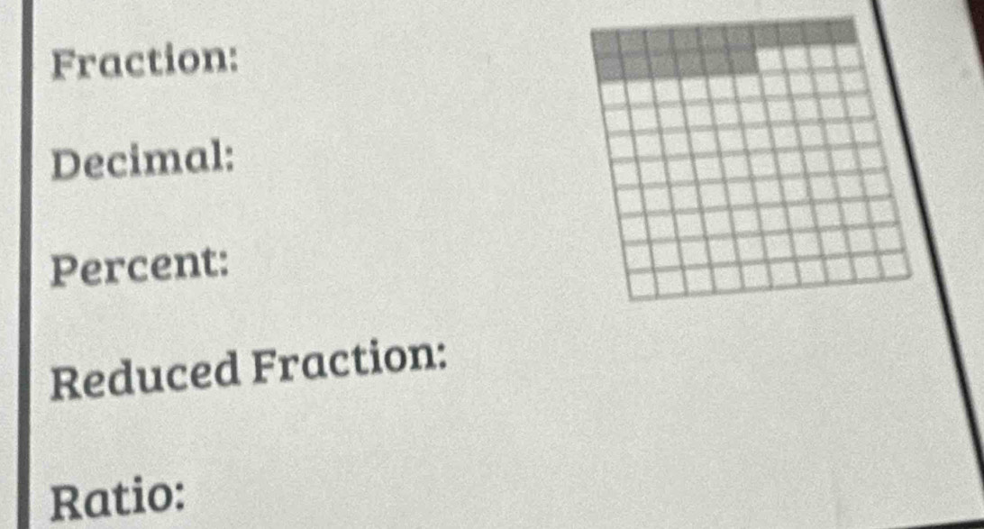 Fraction: 
Decimal: 
Percent: 
Reduced Fraction: 
Ratio: