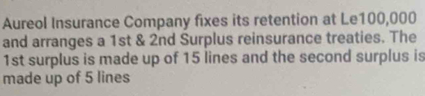 Aureol Insurance Company fixes its retention at Le100,000
and arranges a 1st & 2nd Surplus reinsurance treaties. The
1st surplus is made up of 15 lines and the second surplus is 
made up of 5 lines