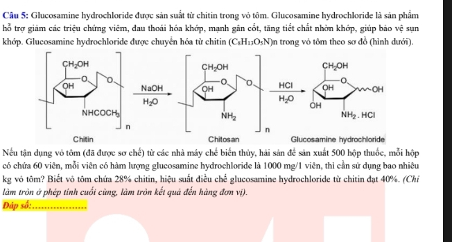 Glucosamine hydrochloride được sản suất từ chitin trong vỏ tôm. Glucosamine hydrochloride là sản phẩm
hỗ trợ giảm các triệu chứng viêm, đau thoái hóa khớp, mạnh gân cốt, tăng tiết chất nhờn khớp, giúp bảo vệ sụn
khớp. Glucosamine hydrochloride được chuyển hóa từ chitin (C_8H_13O_5N) in trong vỏ tôm theo sơ đồ (hình dưới).
Nếu tận dụng vỏ tôm (đã được sơ chế) từ các nhà máy chế biến thủy, hải sản để sản xuất 500 hộp thuốc, mỗi hộp
có chứa 60 viên, mỗi viên có hàm lượng glucosamine hydrochloride là 1000 mg/1 viên, thì cần sử dụng bao nhiêu
kg vỏ tôm? Biết vỏ tôm chứa 28% chitin, hiệu suất điều che^(frac t)e glucosamine hydrochloride từ chitin đạt 40%. (Chi
làm tròn ở phép tinh cuối cùng, làm tròn kết quả đến hàng đơn vị).
Đáp số:_