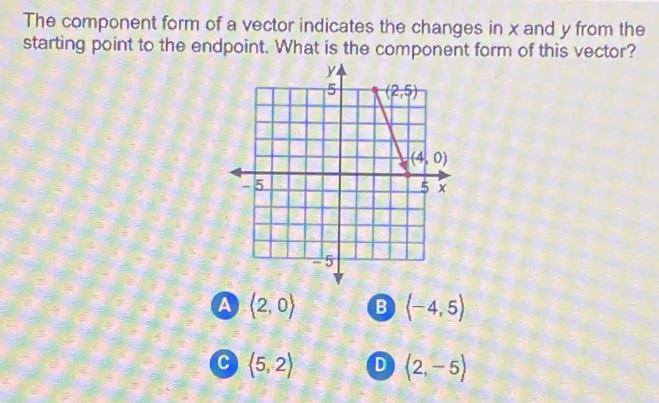 The component form of a vector indicates the changes in x and y from the
starting point to the endpoint. What is the component form of this vector?
A langle 2,0rangle
B (-4,5)
C (5,2)
D langle 2,-5rangle