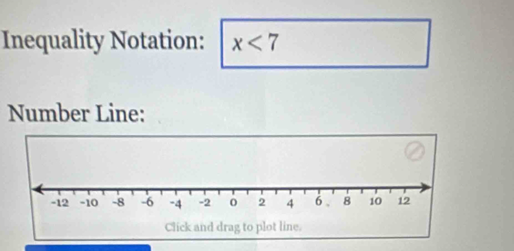 Inequality Notation: x<7</tex> 
Number Line: